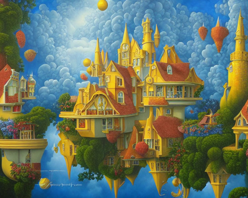 Whimsical painting of floating island with castle reflected in calm water