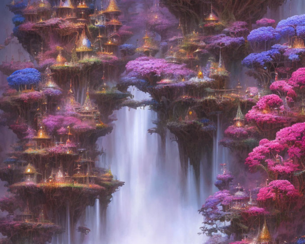 Mystical floating city with golden pagodas, pink and purple trees, mist, and water