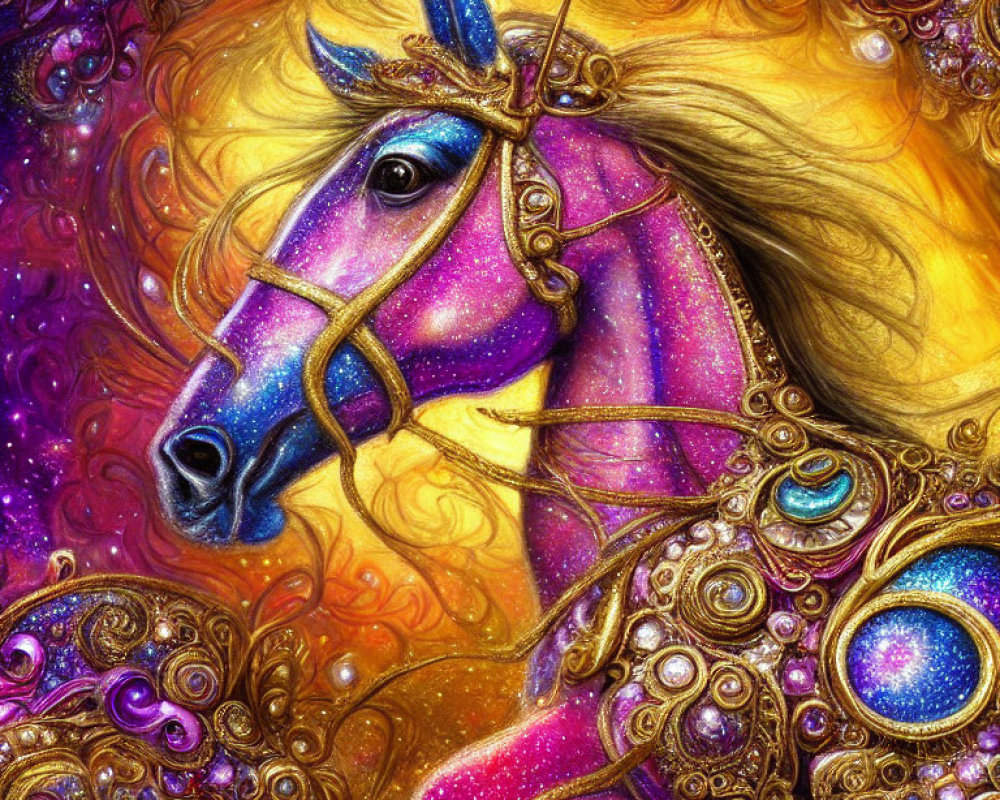 Colorful horse painting with purple and gold palette on cosmic background