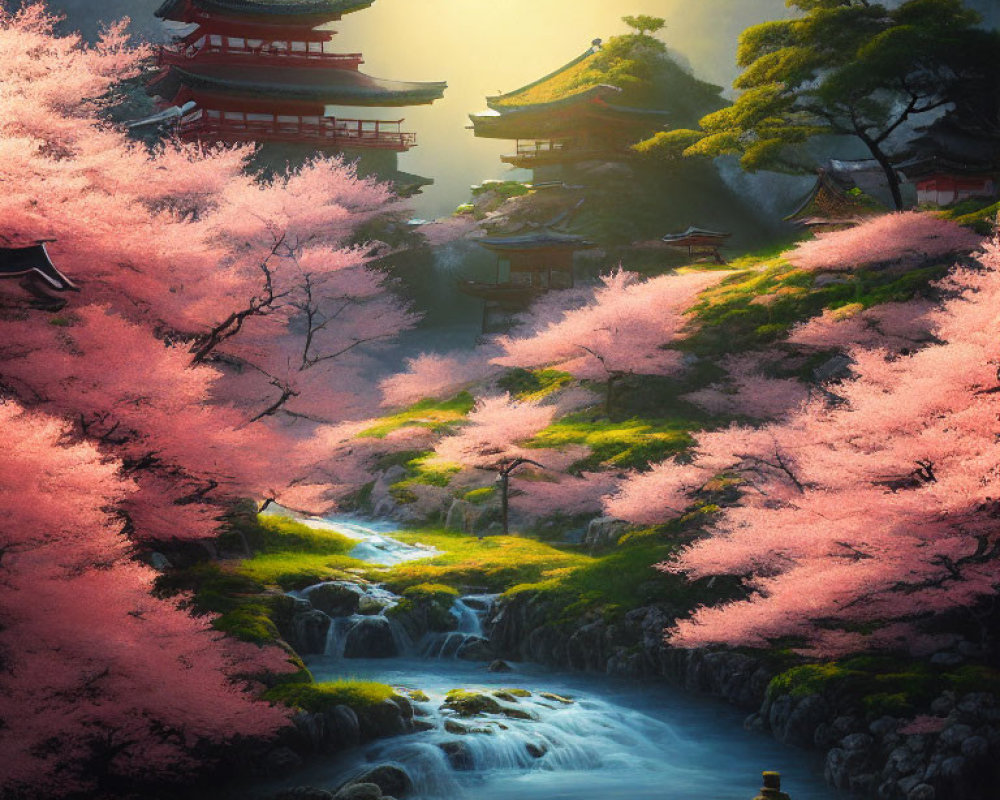 Japanese buildings and cherry blossoms by a stream in serene landscape