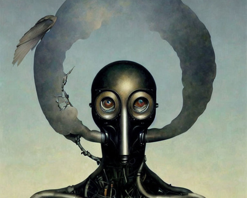 Surreal artwork: humanoid figure with gas mask head, cracked halo, bird perch