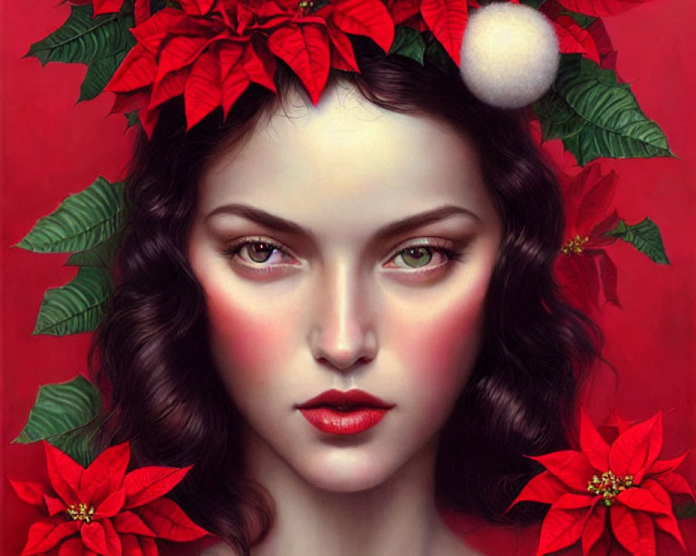 Serene woman portrait with red poinsettias and ornament on red background