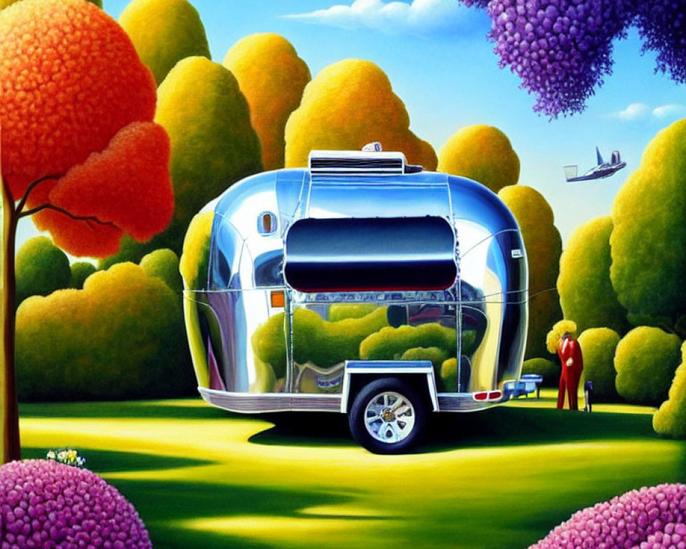 Colorful Retro-Futuristic Trailer in Vibrant Landscape