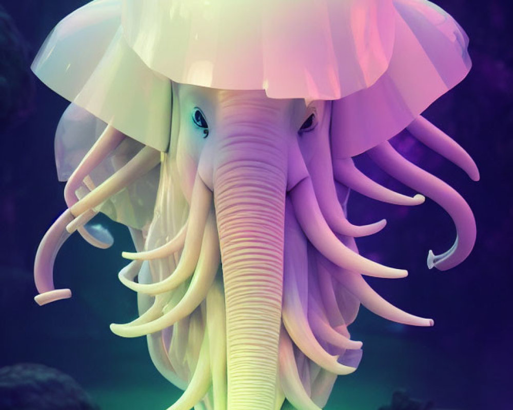 Surreal image: Elephant head on jellyfish body in misty underwater scene