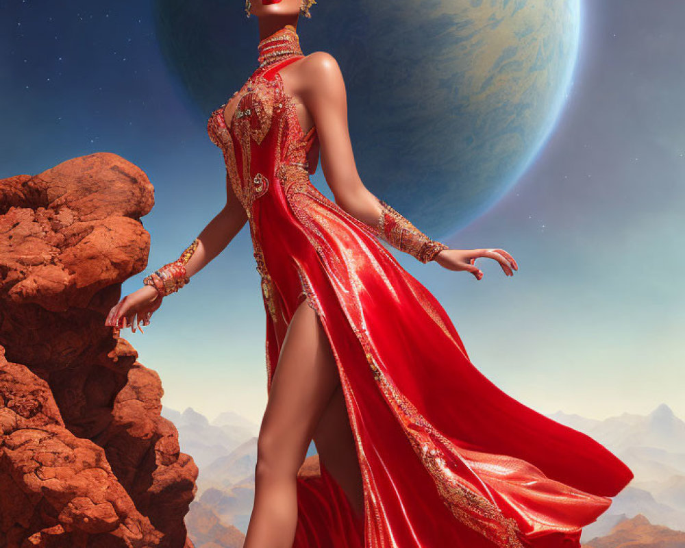 Regal woman in red dress on alien planet with red rock formations