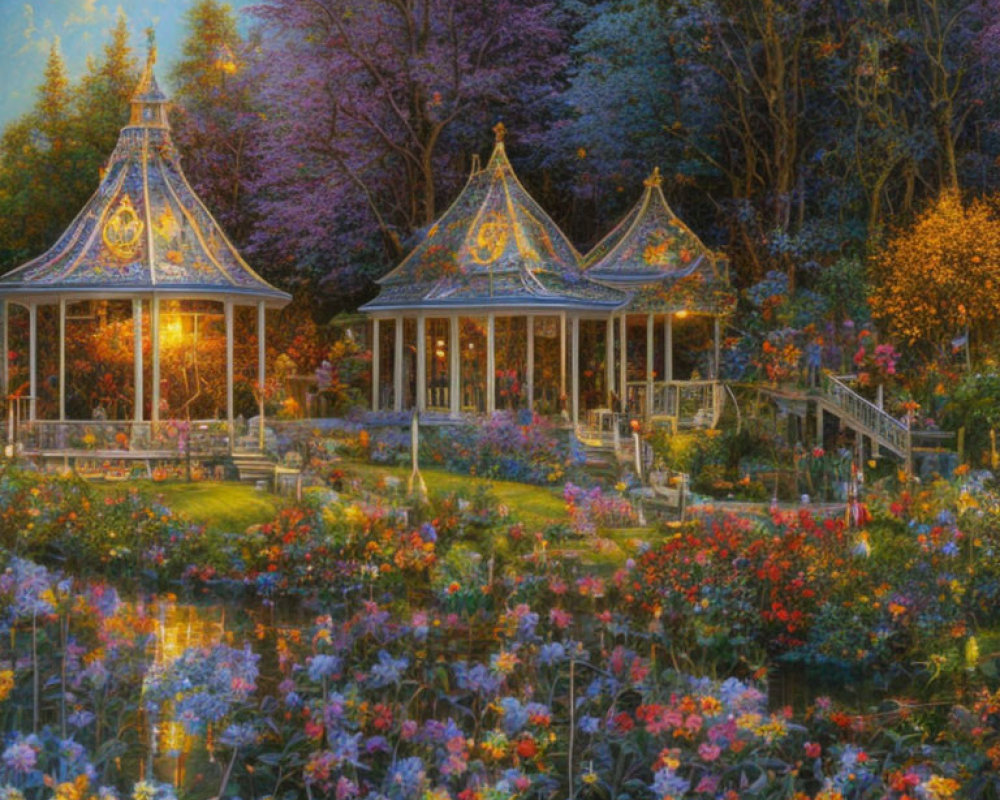 Twilight scene with illuminated gazebos by pond