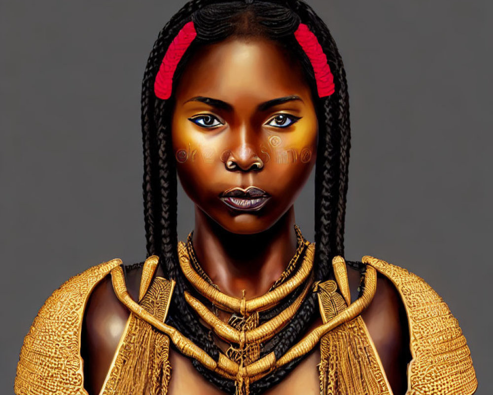 Dark-skinned woman in tribal jewelry with intricate face paint and braided hair