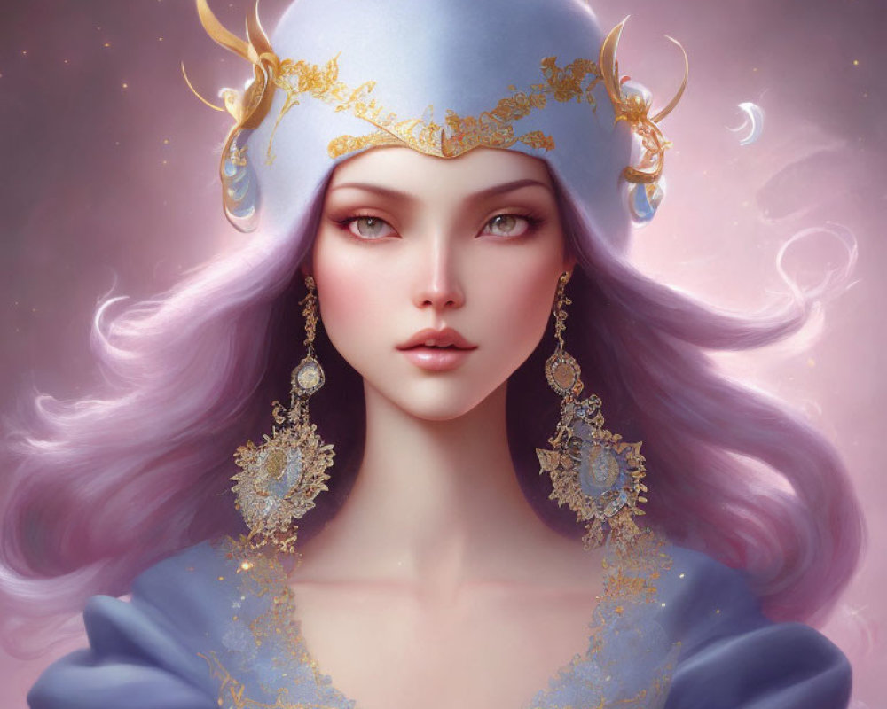 Fantasy woman with lavender hair and blue headpiece in digital art
