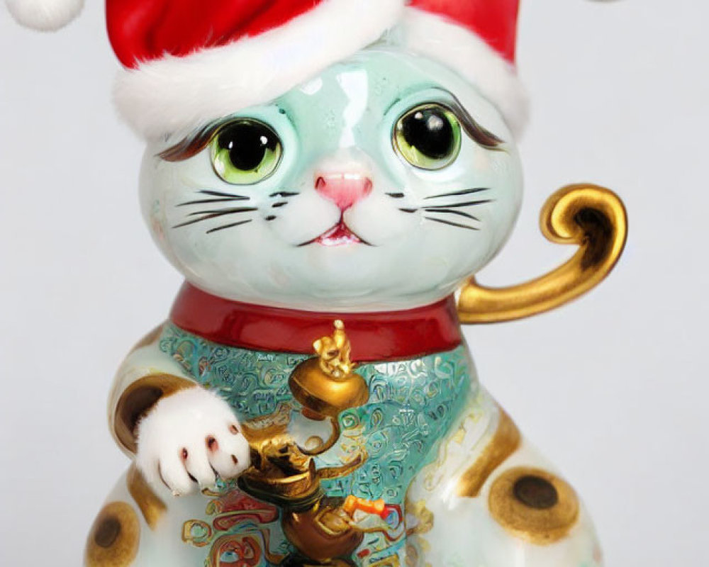 Cat Santa Figurine with Gilded Tail and Bell Beside Mini Presents