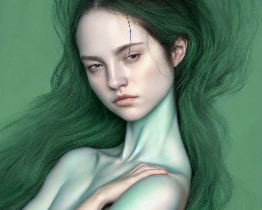 Digital artwork of woman with flowing green hair on green background