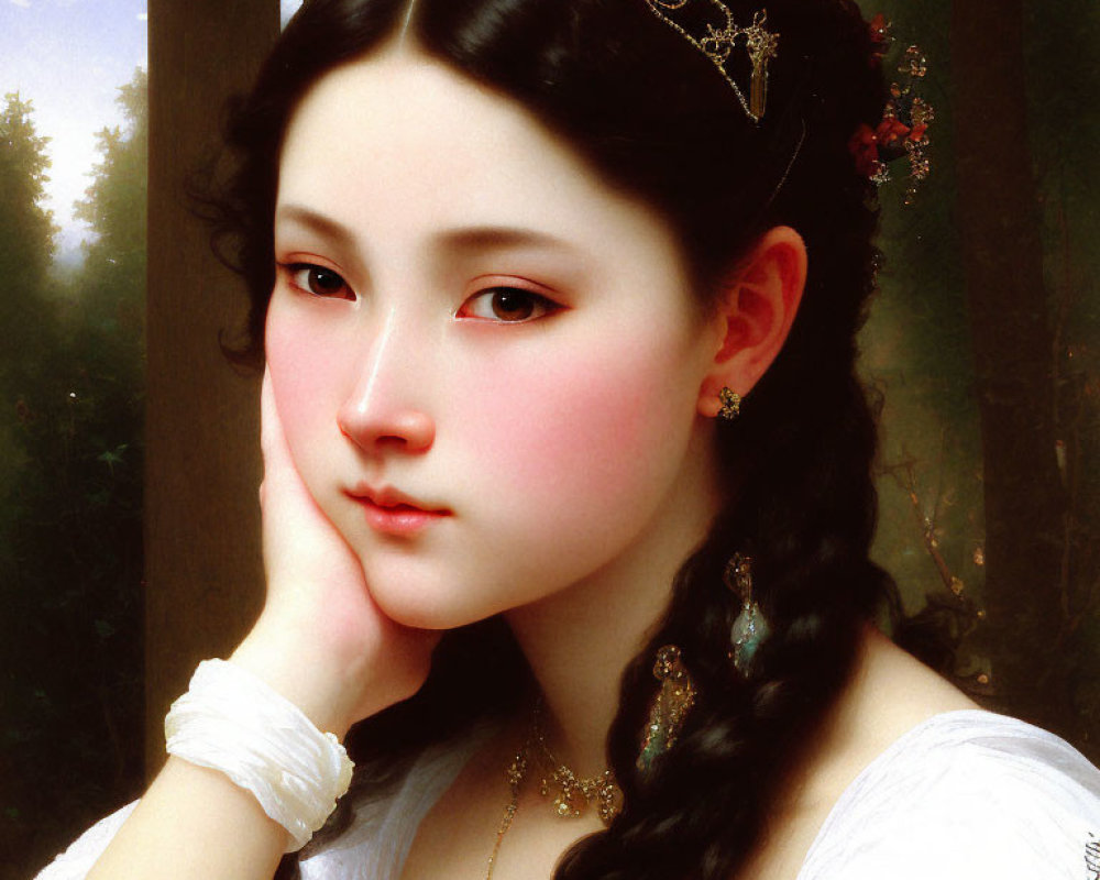 Detailed painting of young woman with tiara and forest backdrop