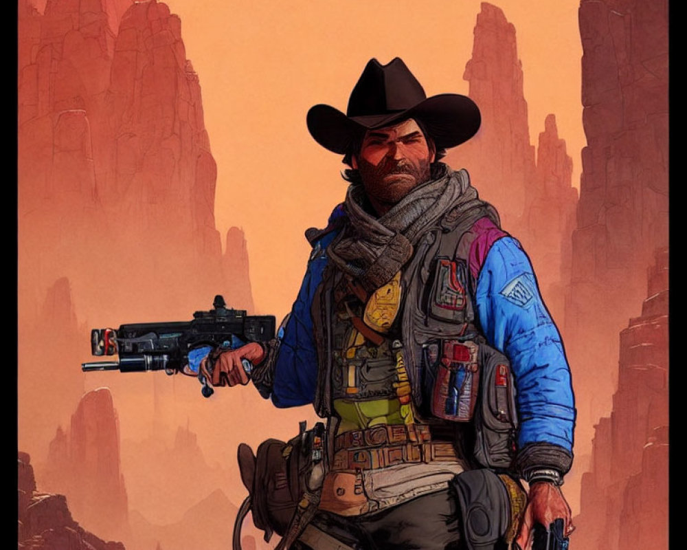 Detailed illustration of a rugged cowboy in hat and vest with revolver in desert canyon.