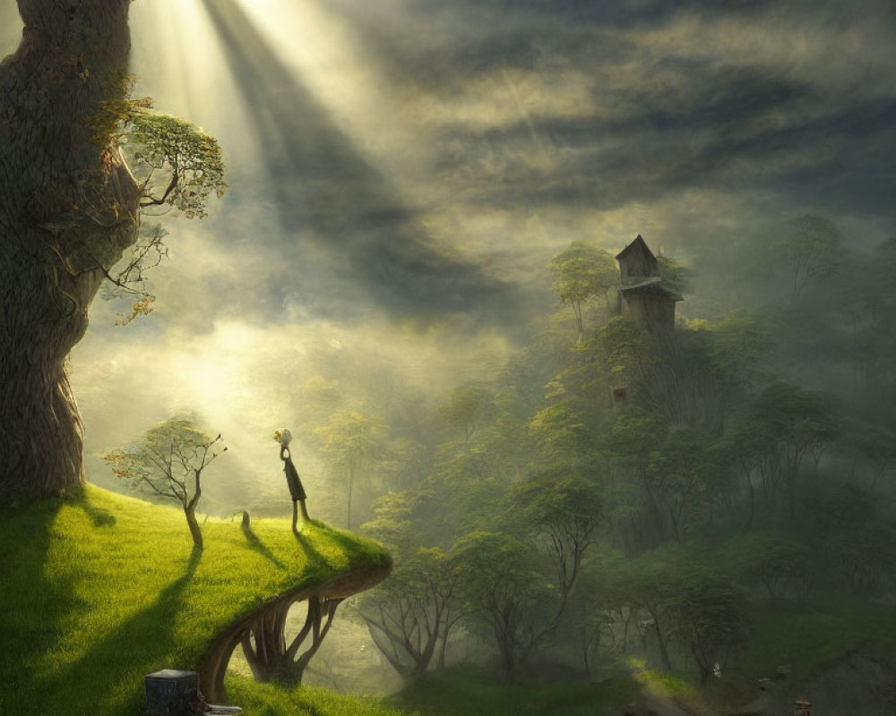 Person standing on curved tree branch in mystical forest with sunlight rays and tower.