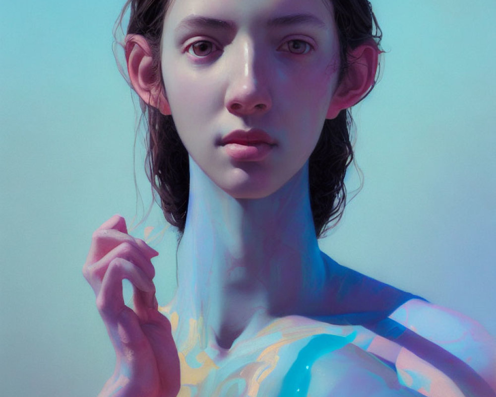 Portrait of a person with contemplative gaze and prominent clavicles under blue lighting with yellow accents