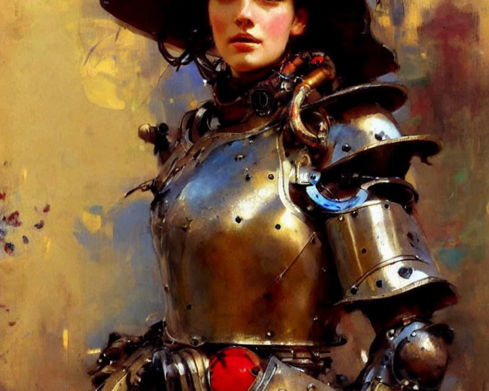 Portrait of woman in medieval knight armor with large brimmed helmet and red jewel.