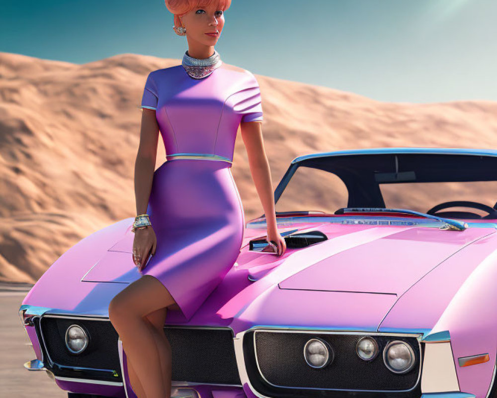 Pink-haired woman in purple dress leans on vintage car in desert landscape