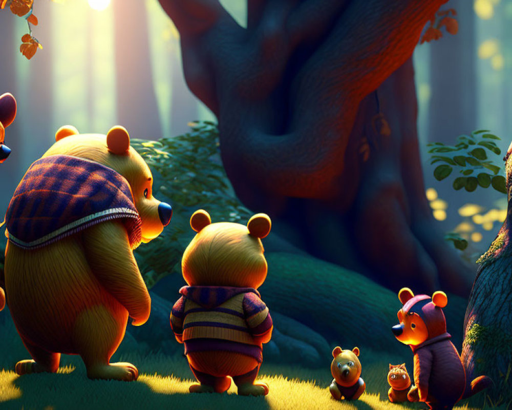 Forest scene with adult and three cub bears holding honey jar in vibrant colors