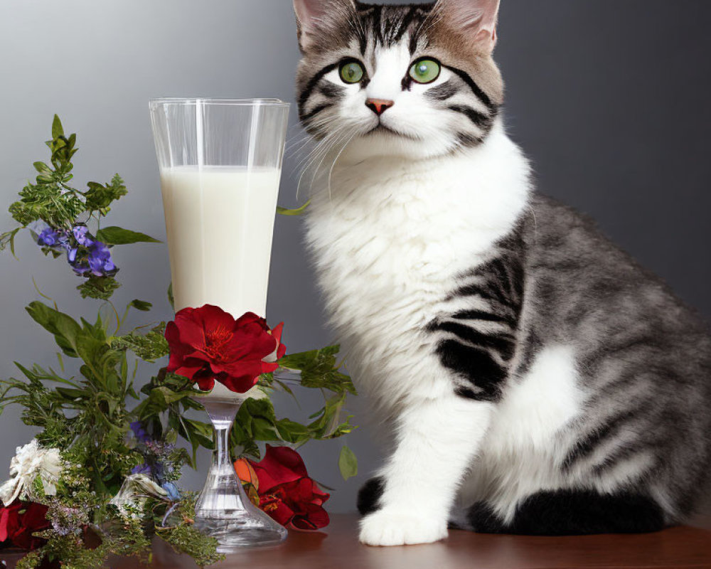 Black and White Cat with Milk and Flowers on Table with Grey Background