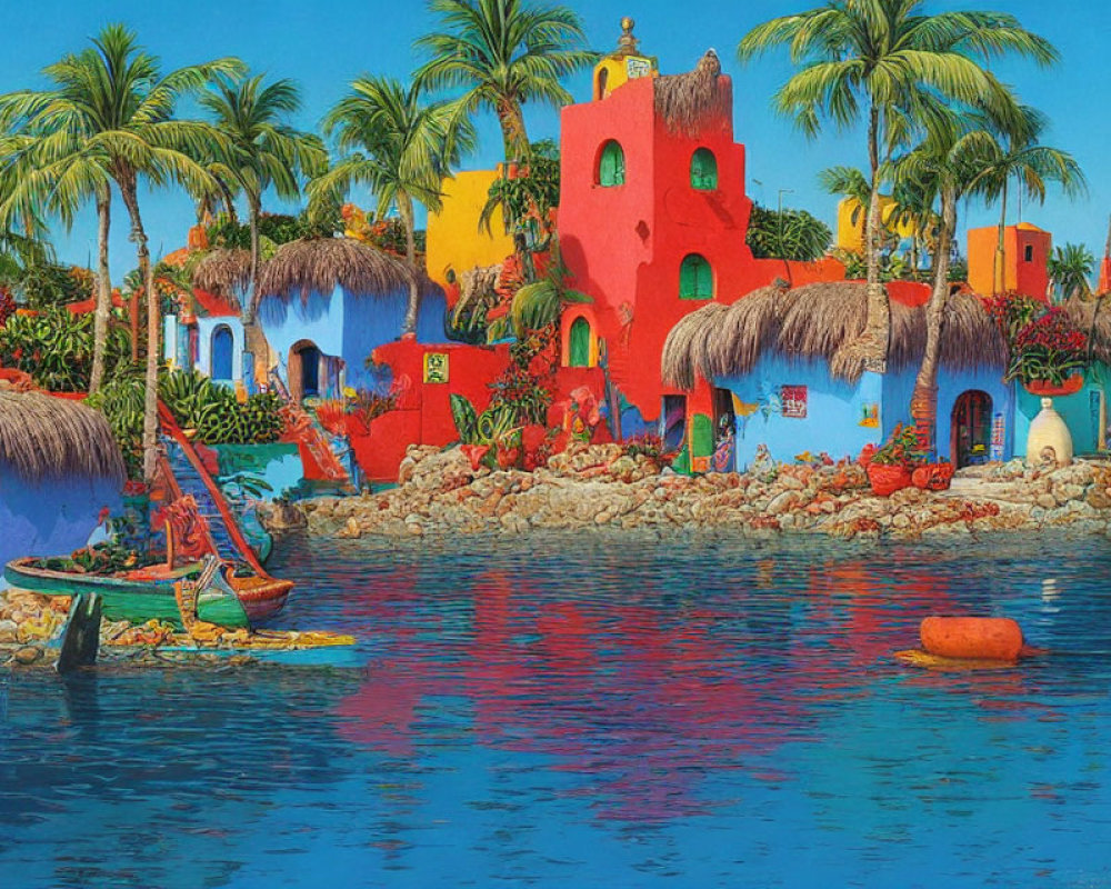 Colorful Tropical Scene with Thatched Roofs and Palm Trees