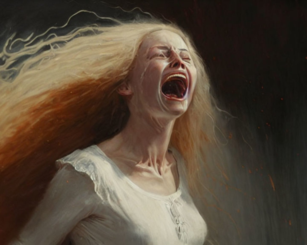 Passionate woman with flowing hair screams against dark backdrop