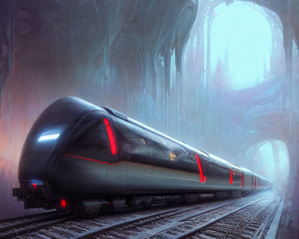 Futuristic red-lit train in dim cathedral-like station