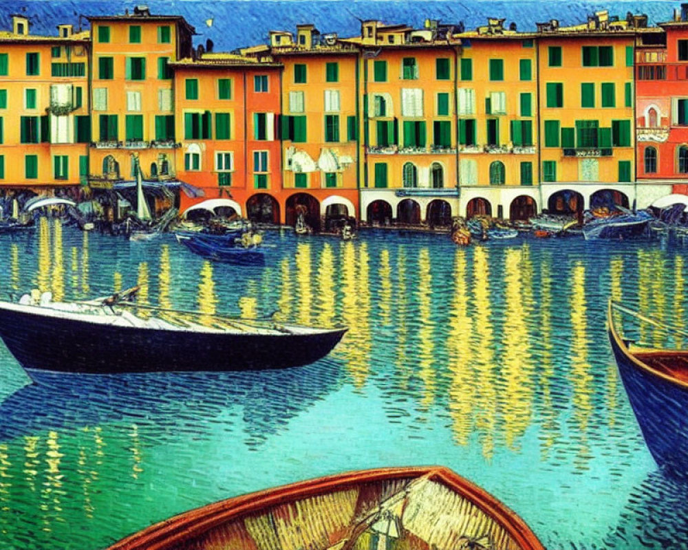 Colorful Coastal Scene with Buildings, Boats, and Shimmering Water