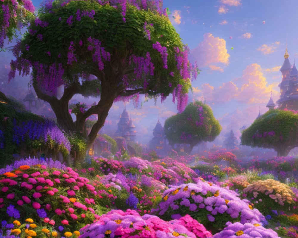 Fantasy garden with purple blossomed tree and sunset sky