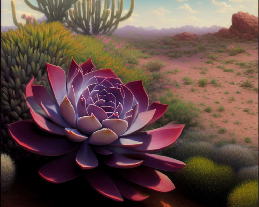 Purple succulent in desert landscape with cacti and mountains.