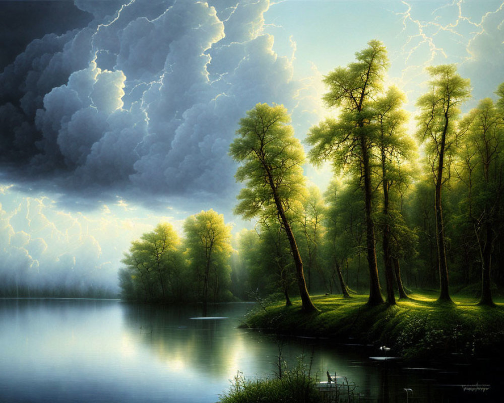 Serene Lake with Trees under Stormy Sky and Lightning