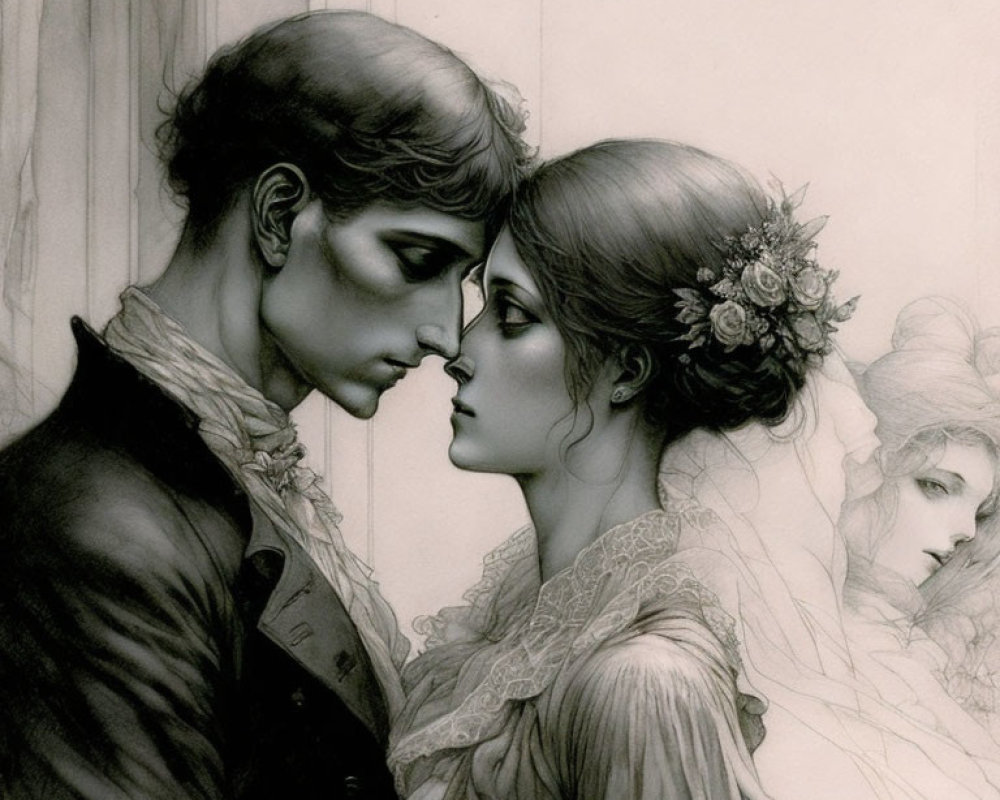 Grayscale vintage illustration of man and woman in intimate moment with faded background face