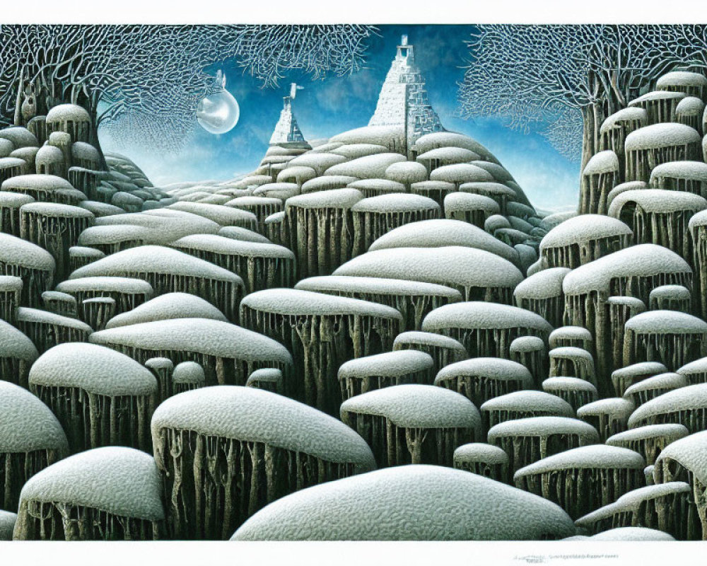 Whimsical landscape with mushroom-shaped trees under crescent moon