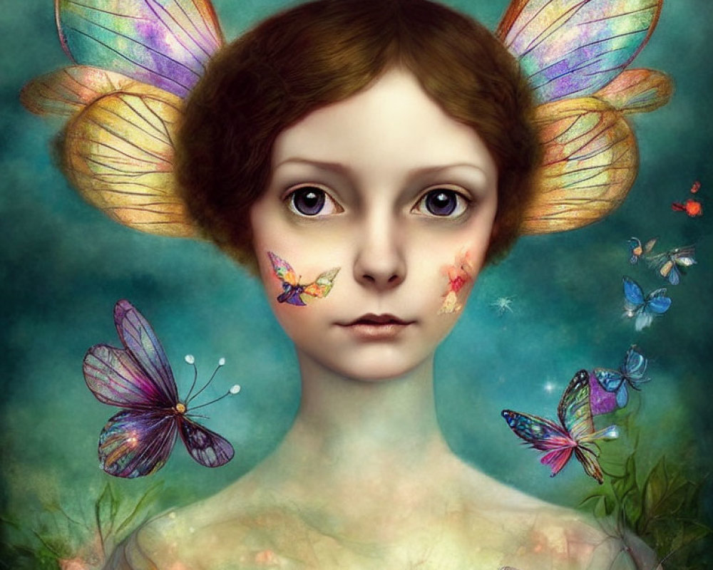 Digital Artwork: Fairy Figure with Butterfly Wings and Butterflies on Teal Background