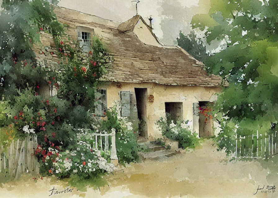 Rustic cottage watercolor painting with thatched roof and lush greenery