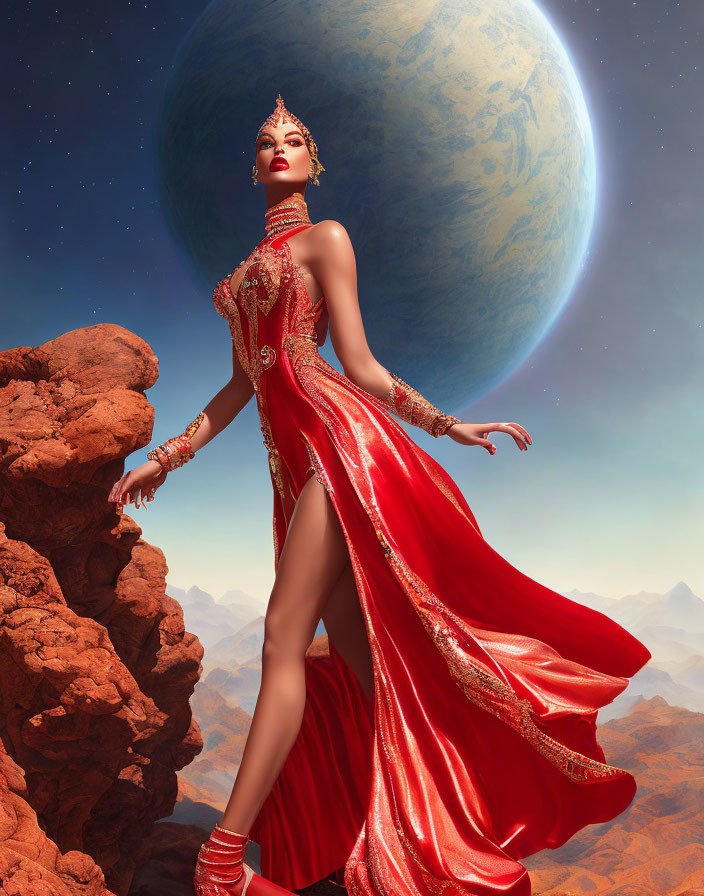 Regal woman in red dress on alien planet with red rock formations