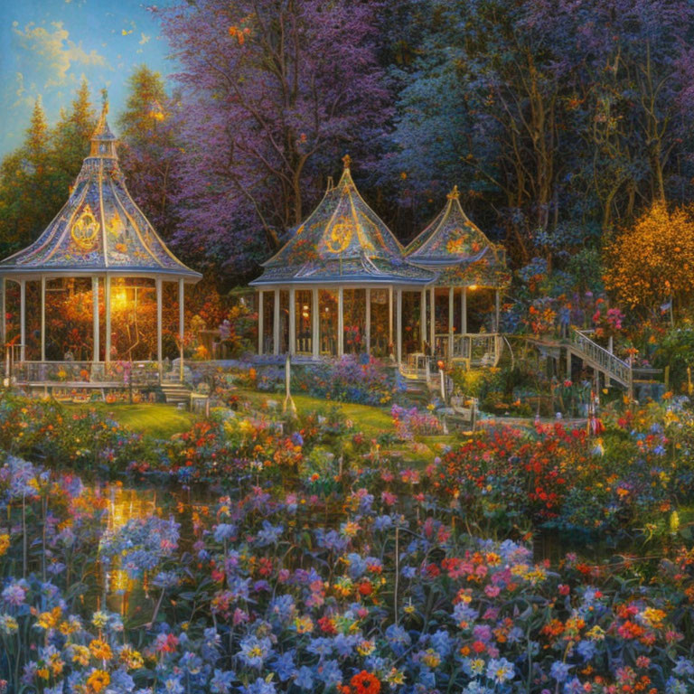 Twilight scene with illuminated gazebos by pond