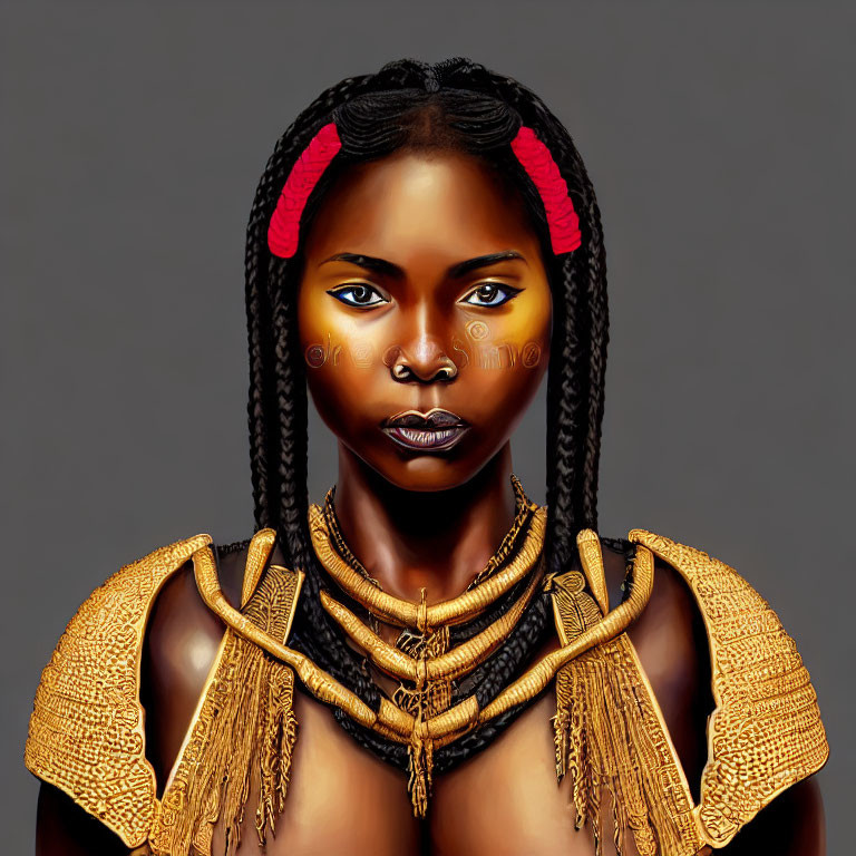 Dark-skinned woman in tribal jewelry with intricate face paint and braided hair