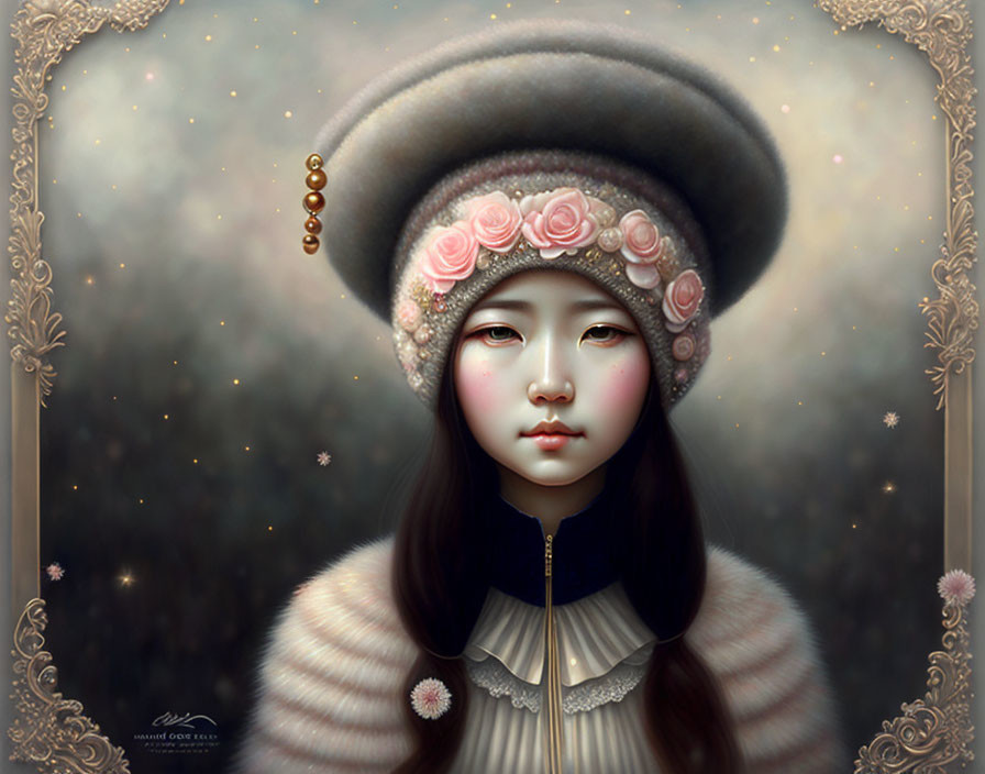 Ethereal portrait of a girl with pale skin and dark hair in a beret with pink roses