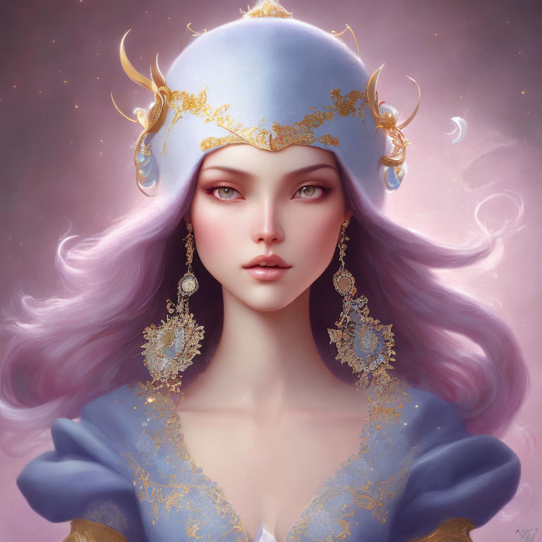 Fantasy woman with lavender hair and blue headpiece in digital art