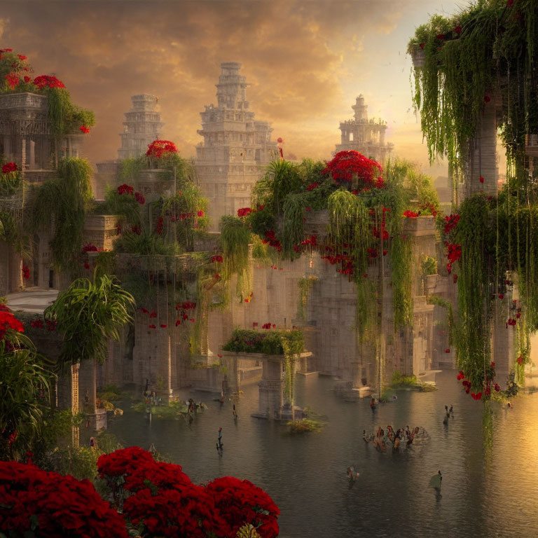 Ancient overgrown city with vibrant foliage and red flowers at sunset