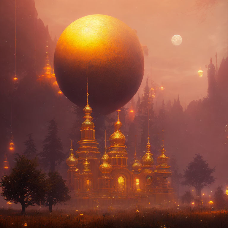 Mysterious sphere above golden temple in mystical forest at dusk