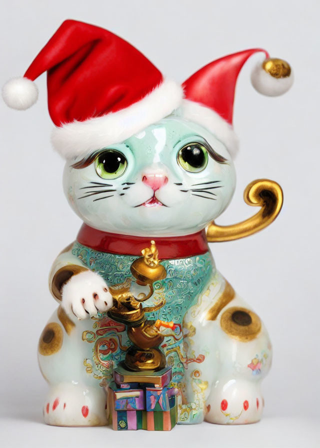 Cat Santa Figurine with Gilded Tail and Bell Beside Mini Presents