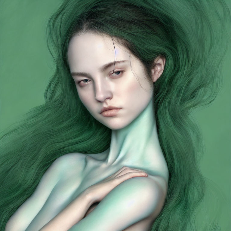 Digital artwork of woman with flowing green hair on green background