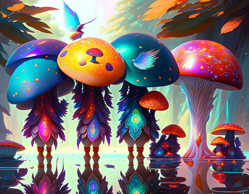 Colorful Fantasy Illustration: Oversized Psychedelic Mushrooms, Reflective Water, Humming