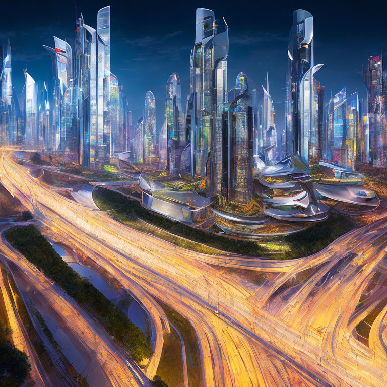 Modern city skyline with glowing skyscrapers and busy highways at twilight