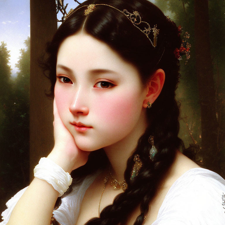 Detailed painting of young woman with tiara and forest backdrop