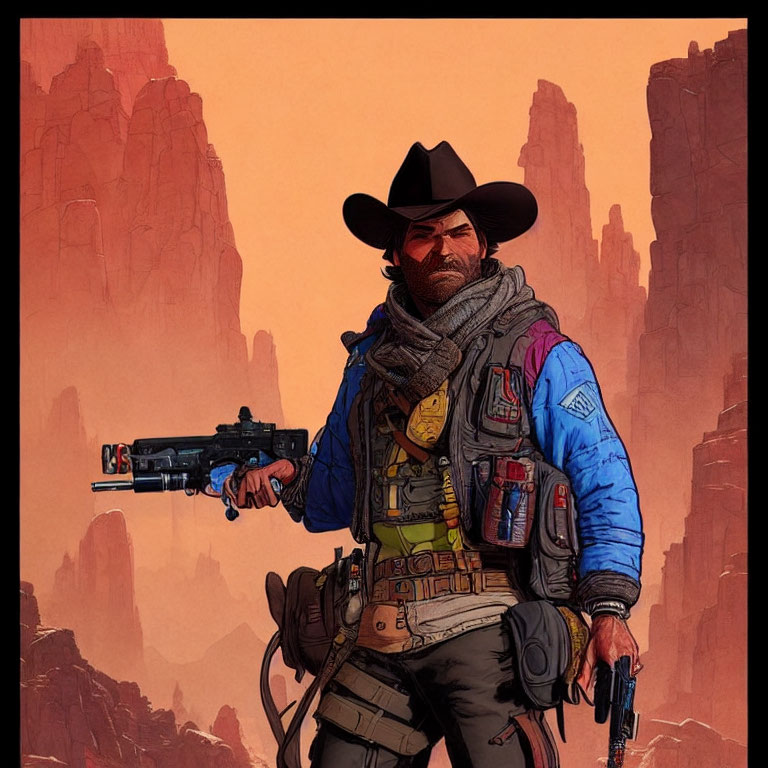 Detailed illustration of a rugged cowboy in hat and vest with revolver in desert canyon.