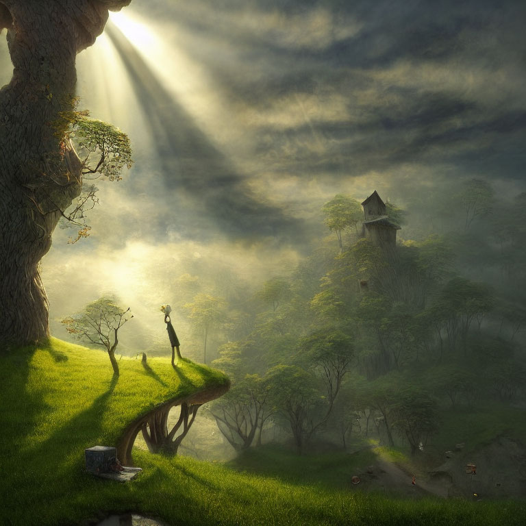 Person standing on curved tree branch in mystical forest with sunlight rays and tower.