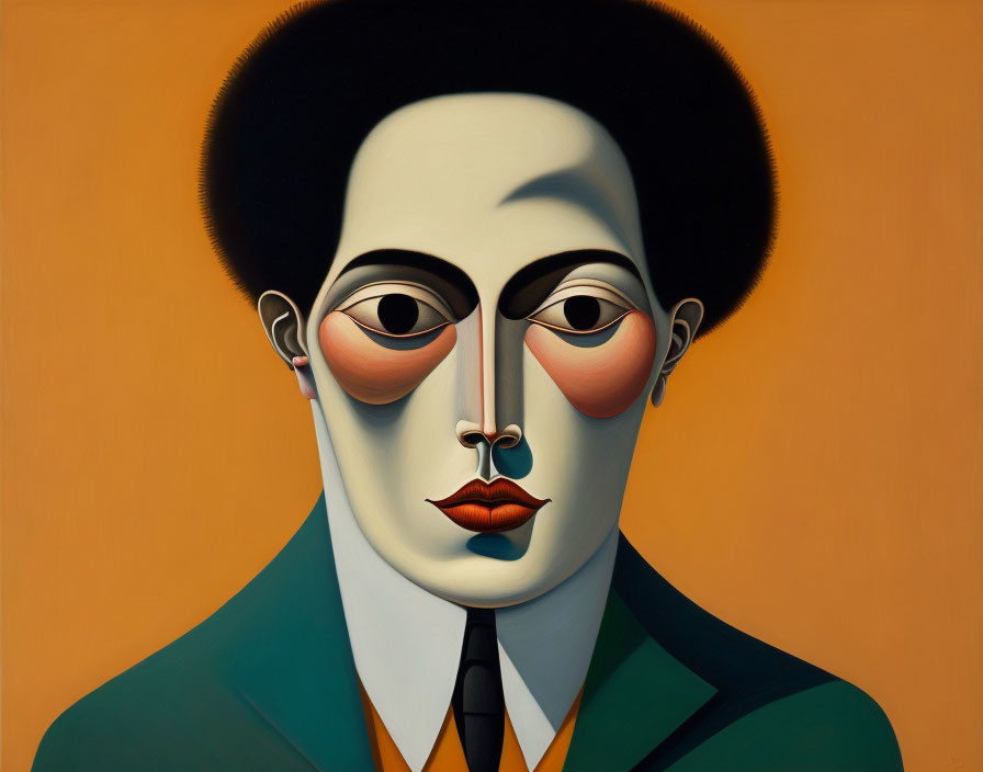 Surrealist portrait with elongated face and colorful attire