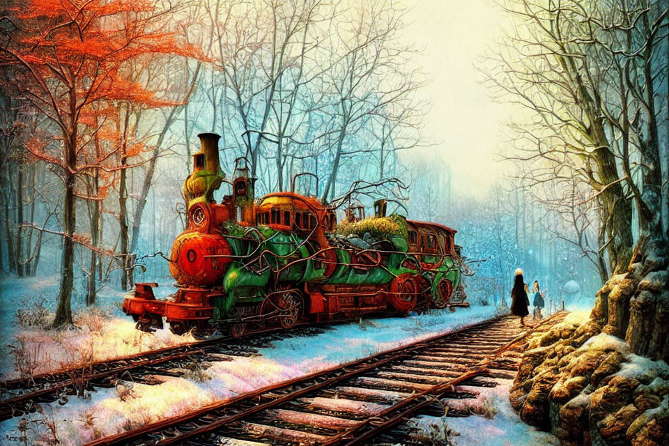 Vintage Train in Snowy Forest with Person Walking