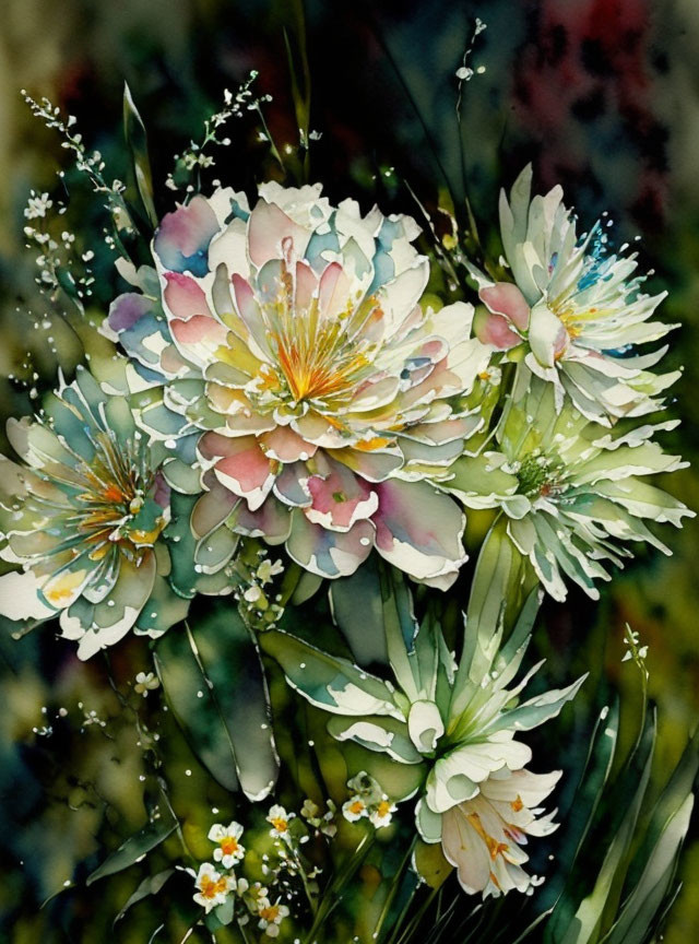 Delicate multi-colored flower bouquet in watercolor